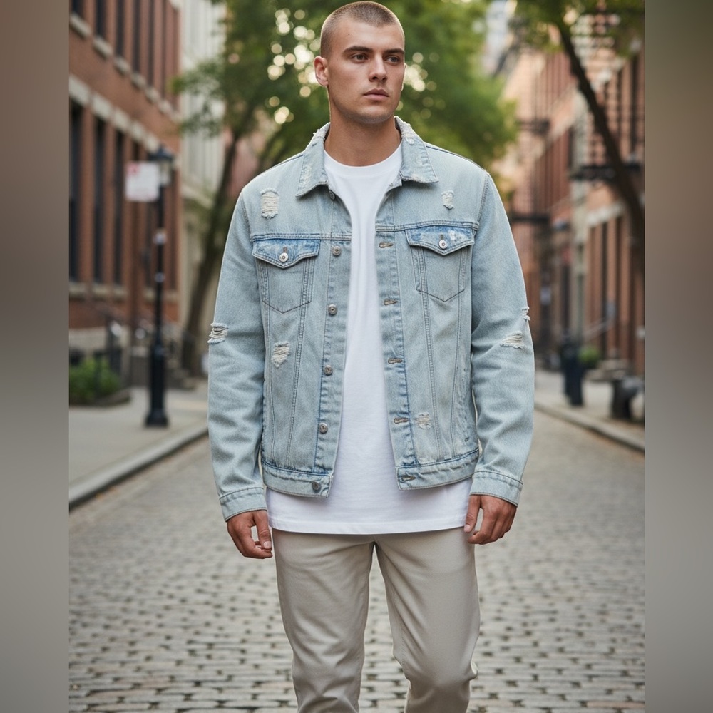 Brooklyn Cloth Light Blue Distressed Denim Jacket Large